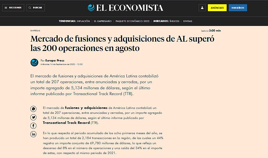 Mercado de fusiones y adquisiciones de AL super las 200 operaciones en agosto